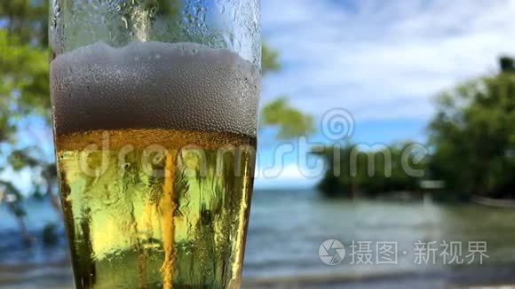 热带海滩酒吧的啤酒杯视频