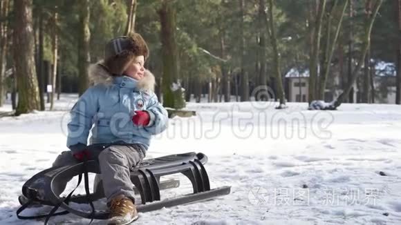 孩子们在雪地上雪橇。 家庭圣诞假期的乐趣