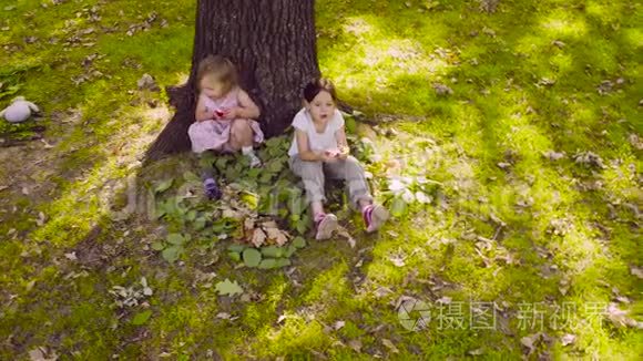 两个女孩坐在公园里吃石榴石视频