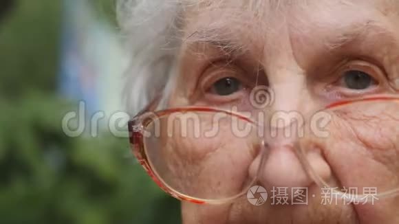 戴眼镜的老妇人转过头看着摄像机。 奶奶在外面戴眼镜。 肖像
