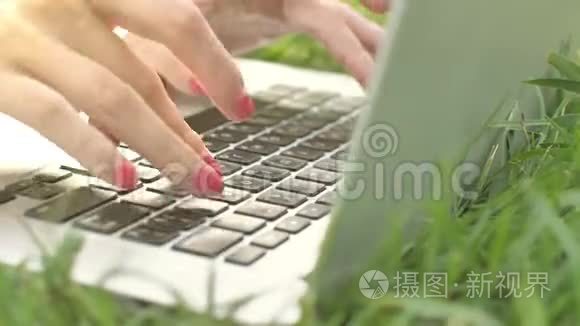 年轻女子在大自然的笔记本电脑键盘上打字。