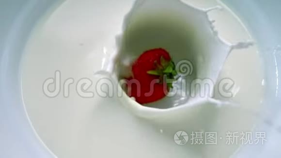 熟红草莓掉进牛奶碗里视频