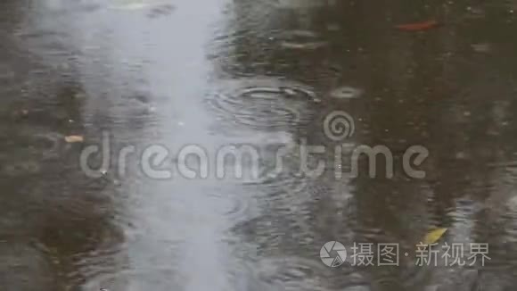 雨水落在城市道路上的水坑里视频