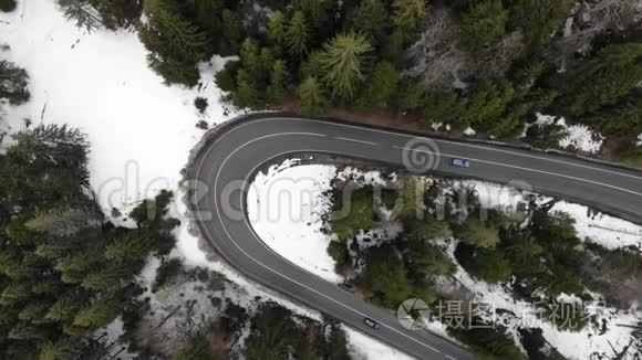 森林景观中汽车在道路上行驶的鸟瞰图。