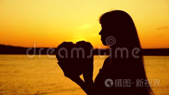在美丽的夕阳下，女孩的剪影紧紧地抓住大海。 美丽的女孩在夕阳下抱着心。