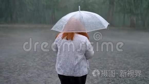 胖姜女的剪影在雨中漫步在公园里，撑着伞，后景