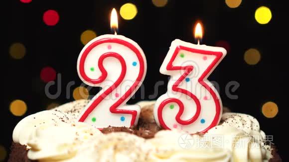 在蛋糕上的23号-二十三岁生日蜡烛燃烧-在最后吹灭.