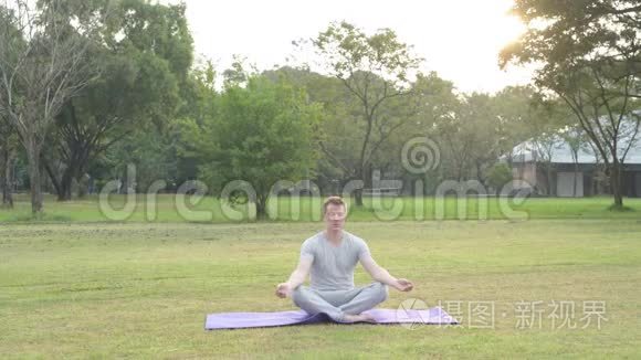 年轻英俊的男子闭着眼睛在公园沉思