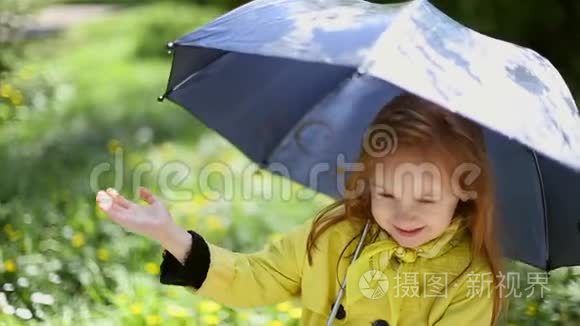 小女孩拿着伞在雨中玩耍视频