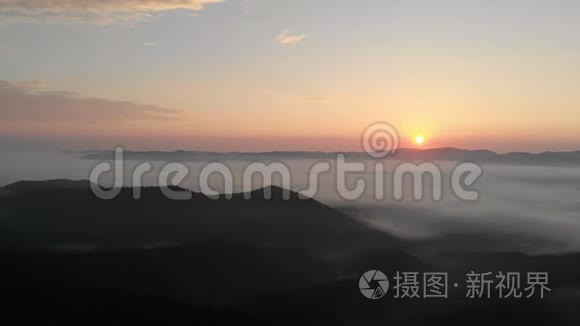 空中无人机视图：在雾蒙蒙的群山中飞越松林。 喀尔巴阡山脉乌克兰。 雄伟的景观