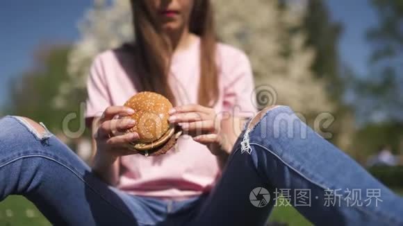 成功的商务女性吃快餐汉堡芝士汉堡，在公园里尽情享受休闲的自由时光