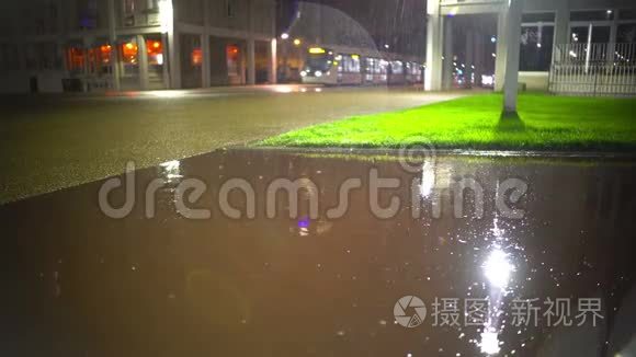 现代无轨电车在下雨的晚上在街上移动，城市生活，梅卡斯特