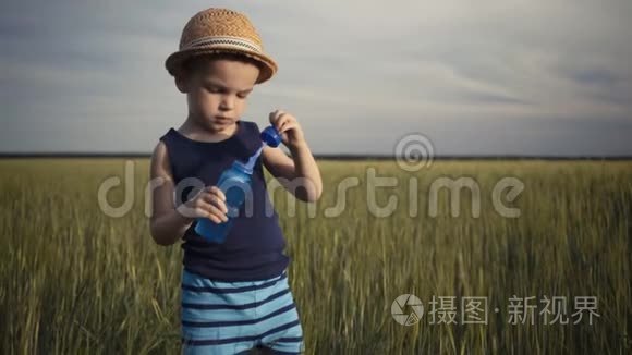 小男孩在夏天的田野背景下吹肥皂泡