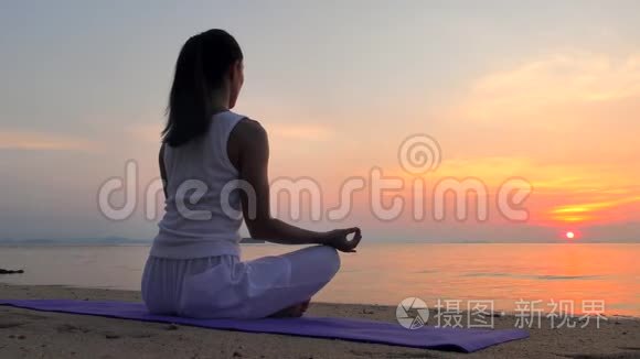 年轻女子在夕阳的海面上沉思视频