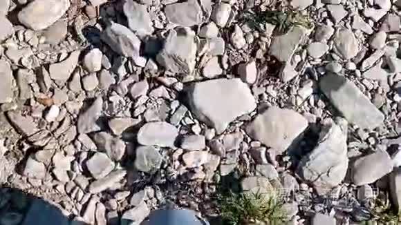 在河旁边的石头上看到了雄性的腿。 近距离观察男性用石头行走的腿
