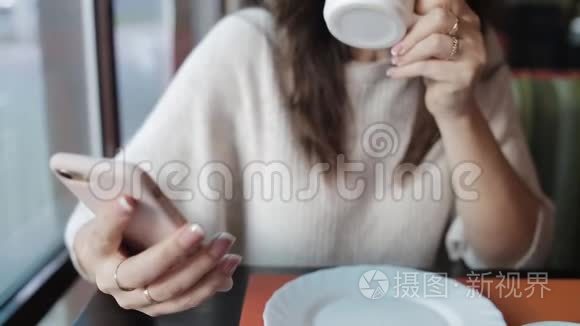 一个女人在咖啡馆喝茶，用手机社交和电子邮件。 晚餐和网页浏览