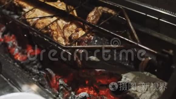 鳄鱼肉正在户外烤架上烹饪视频