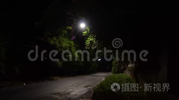 在一个安静的夜晚，路旁有一扇老式风格的明亮的门。 夜晚全景