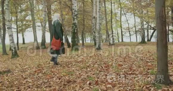 很长一段时间。 白人金发女人斯洛莫穿过秋天的树林。 跟着边框。 真正的年轻人讲故事