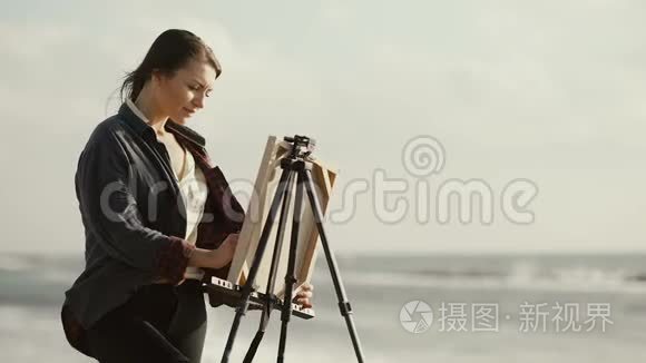 那个黑发女人在海滩上画架上画画