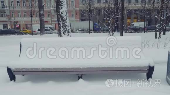 莫斯科公园白雪覆盖的长椅视频