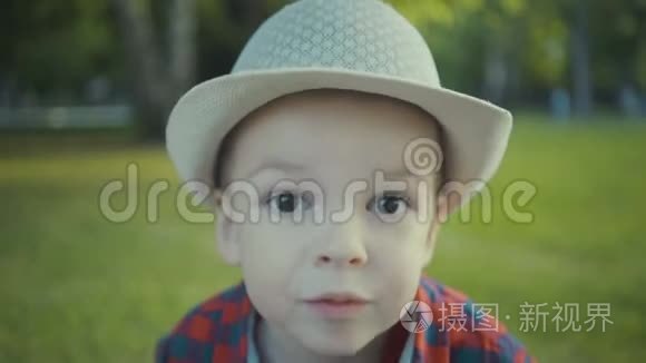 公园里一个两岁的男孩戴着帽子和衬衫的肖像。