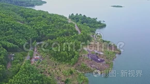 飞行摄像头显示安静的河流与热带森林和道路的河岸