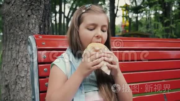 在公园里吃汉堡的小女孩视频