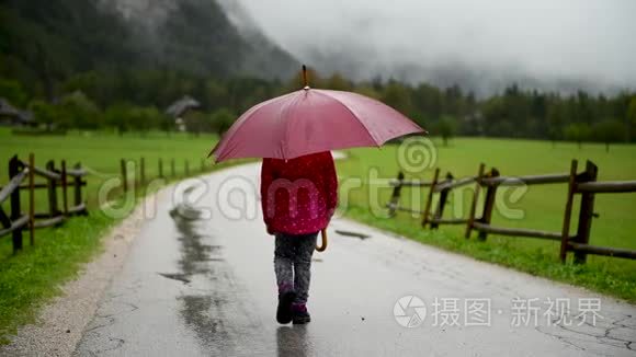 小女孩在乡间小路上雨中散步