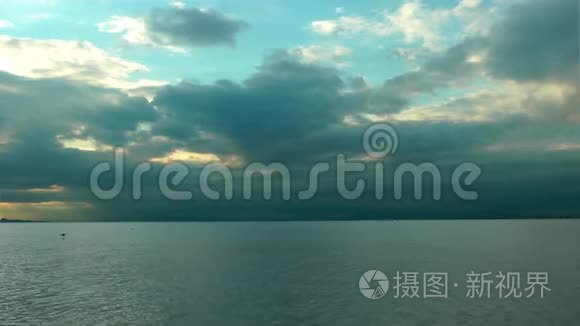 灰色平静的水面日落和海鸟飞翔视频