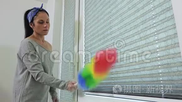 女人用彩色灰尘刷清洁百叶窗视频