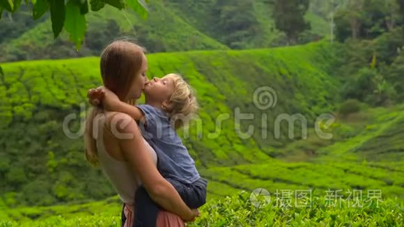 年轻妇女和她的儿子参观高地茶园。 新鲜，茶的概念