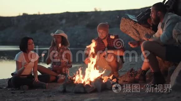 旅行者在岸上的篝火旁放松视频