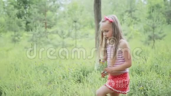 小女孩在森林附近的空地上玩耍视频