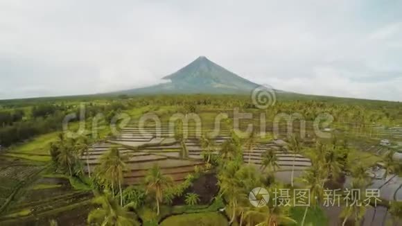 马永火山靠近菲律宾的勒加兹皮市。 从空中俯瞰稻田。 玛雅火山是一座活火山，