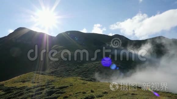 森林谷。 早上好，雾。 有树木的青山