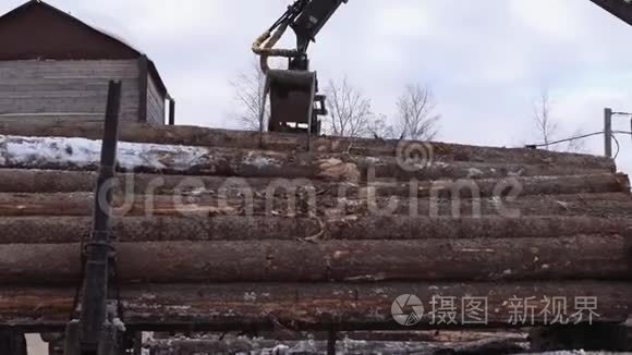 卡车装载机起重机夹起伐木工人视频