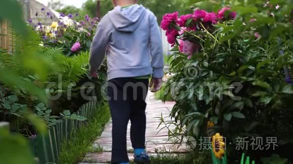 开花园花.. 孩子沿着小路沿着花跑.. 男孩在花园里玩。 快乐