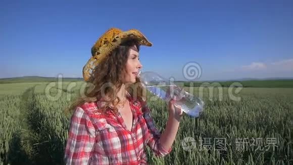 年轻女子在麦田里喝水降温视频