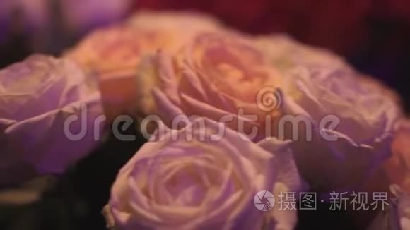 婚礼花束白玫瑰。 剪辑。 白色玫瑰特写的花瓣。 白色新鲜玫瑰的特写镜头