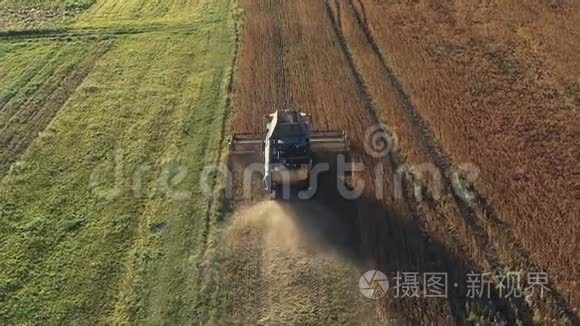 在收获大豆田的过程中，在联合收割机后面的飞行