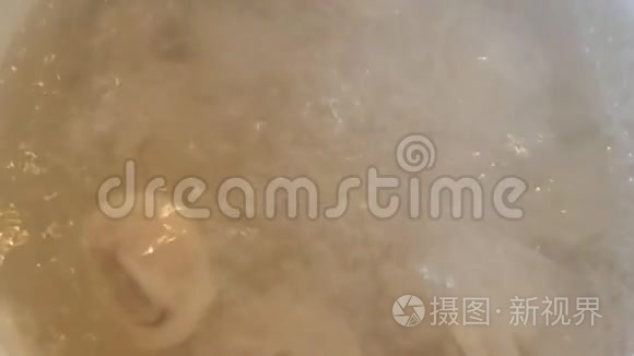 肉汤圆用平底锅做特写. 在沸水中饺子烹饪。 锅贴