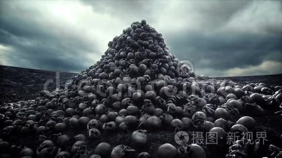 一堆头骨. 启示录和地狱概念. 真实的电影4k动画.短视频