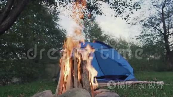 河边森林里的篝火和旅游帐篷视频