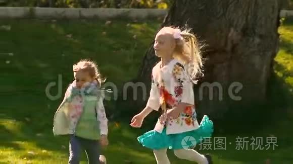 小女孩在绿色公园里奔跑，享受她们的嬉戏