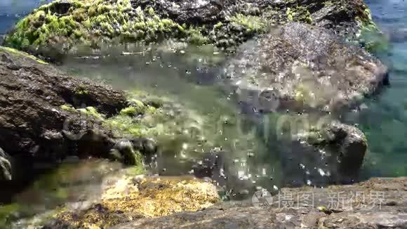 平静的波浪撞击岩石视频