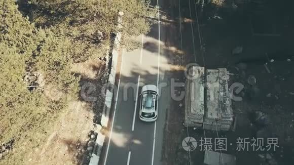 空中观景车沿着高速公路在森林中行驶。 家庭乘车旅行