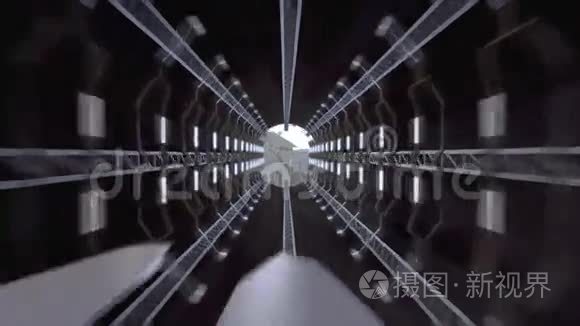 宇宙飞船穿过走廊飞向城市视频