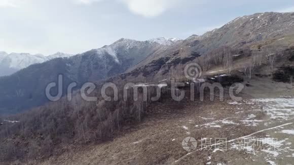 秋天或冬天，从裸露的秋天森林和雪山向后移动。 室外阳光充足的自然景观