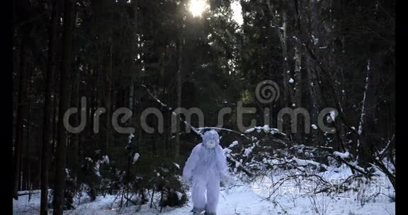 冬林中的雪人童话人物.. 户外奇幻4K镜头..